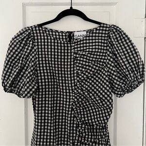 Ganni Checkered Seersucker Ruched Puff Sleeve Mini Dress EU 38